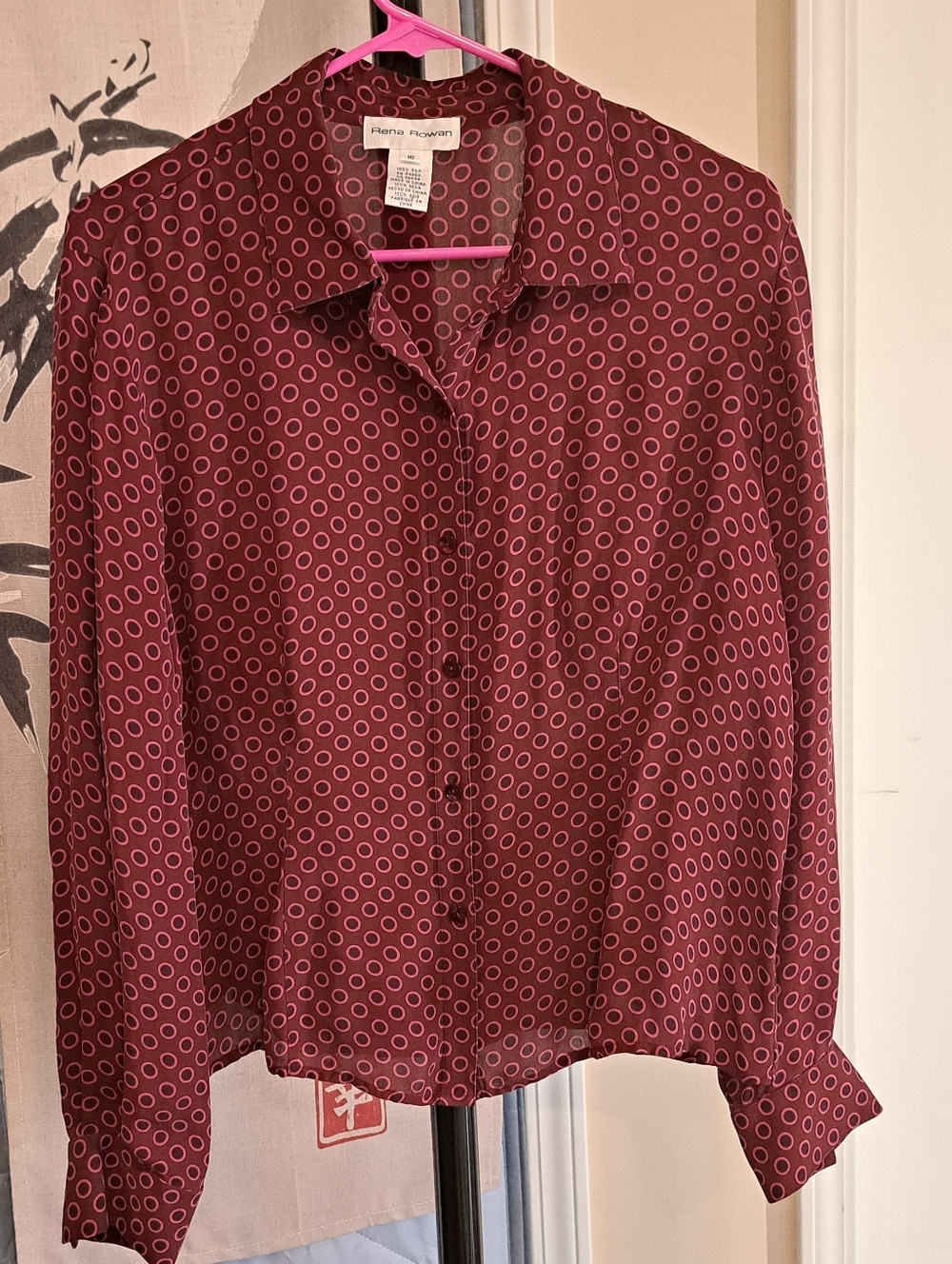 Vintage Rena Rowan 100% Silk Button Down Polka Dot Blouse, sz 16